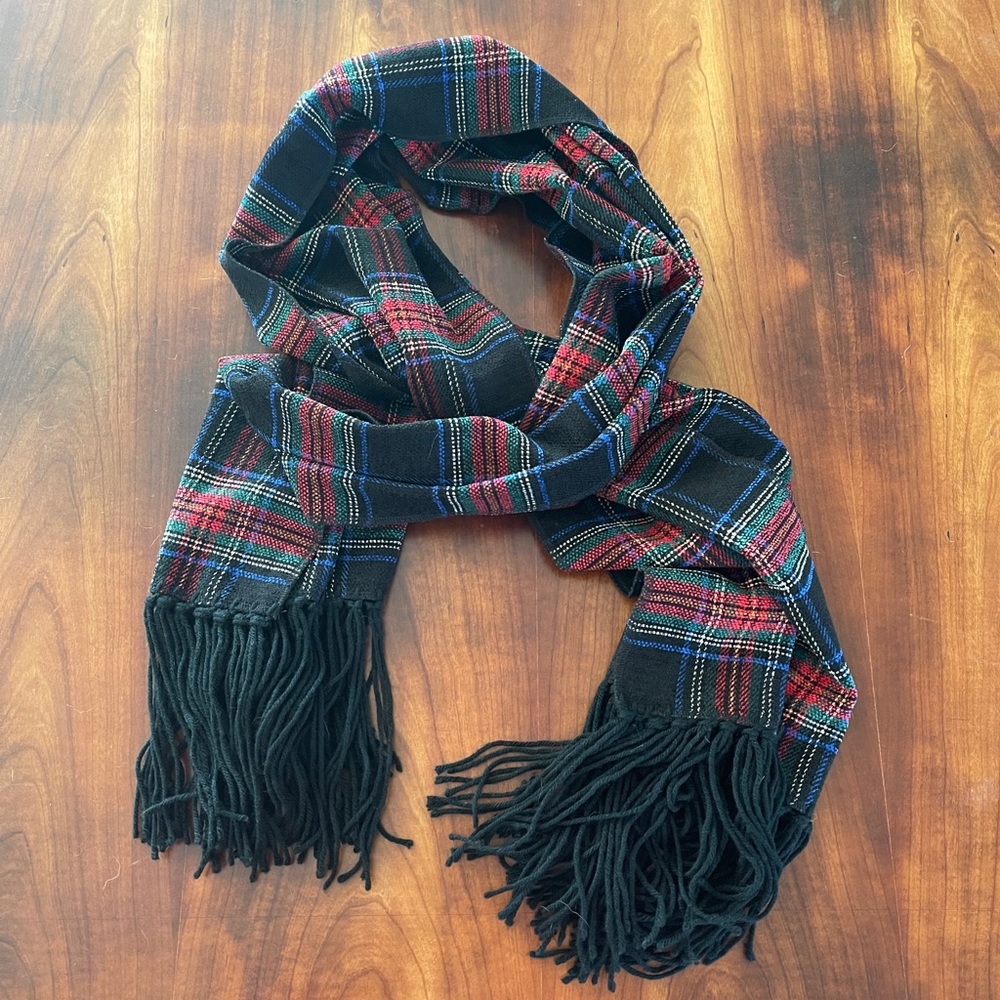 Large Chenille Scarf - Black Stewart Tartan Plaid
